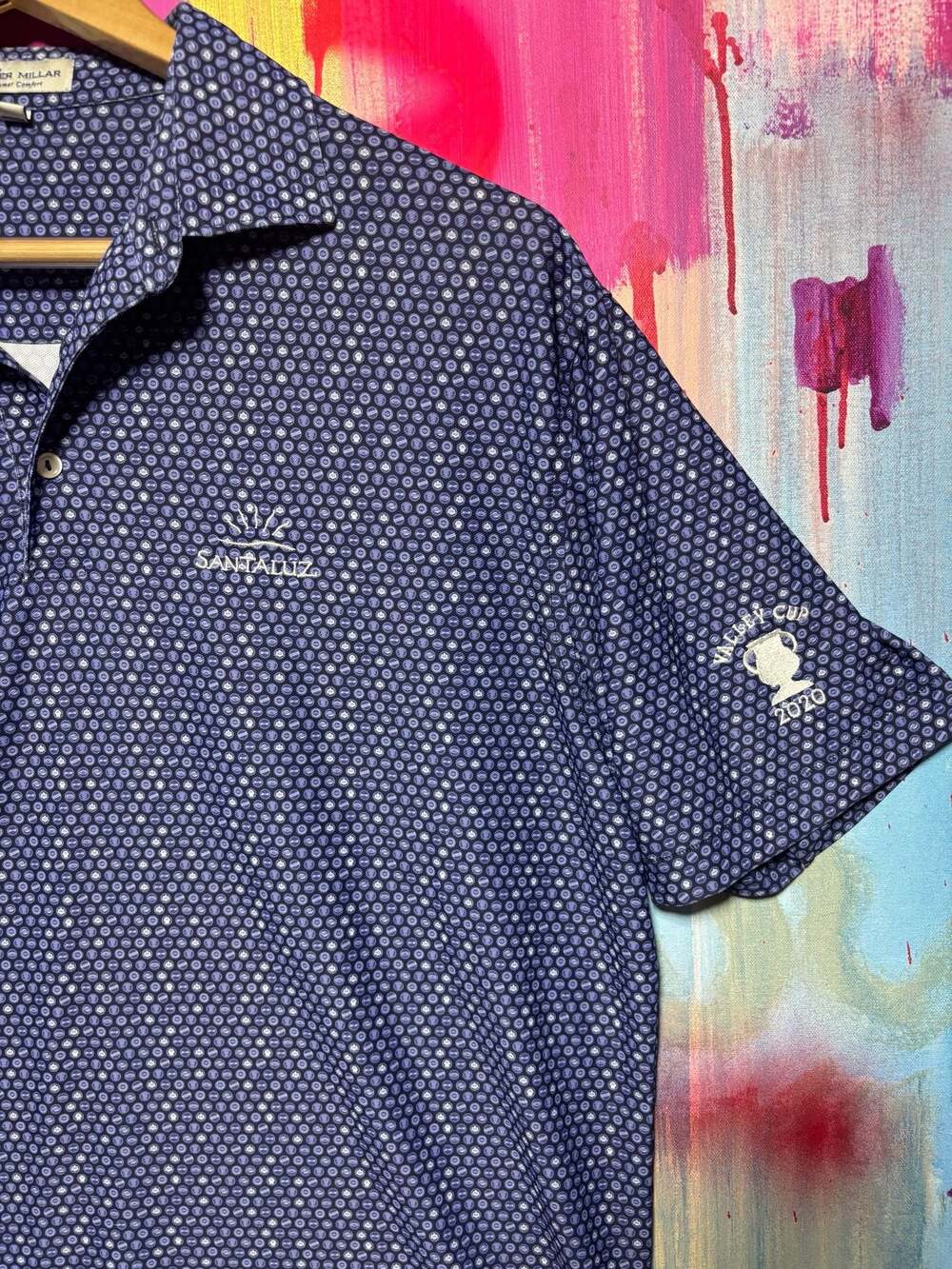 Peter Millar Summer Comfort Santaluz Valley Cup 2020 Blue Geo Print Golf Polo L
